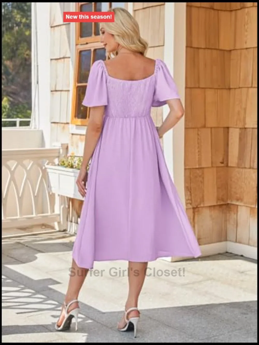 Casual V Neck Bow Tie Smocked High Waist A-Line Flowy Midi Dress with Pockets